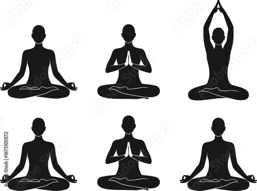 Seated yoga silhouette vector set with mudras and meditation poses, ideal for wellness design, spiritual art, and posture reference