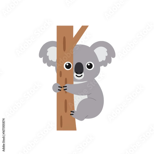 Adorable grey cartoon koala with big ears and black claws clinging to a simple brown tree trunk.