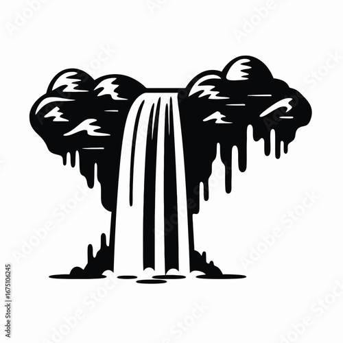 Dramatic monochrome waterfall cascade amidst nature’s darkness vector styled simple silhouette