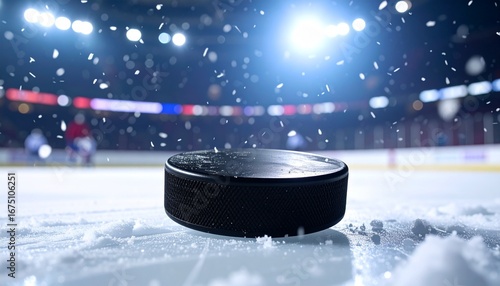 Anticipation builds on the cold arena ice, with a hockey puck prominently placed, surrounded by the vibrant energy and snowy atmosphere of a thrilling winter sport event, ready for action