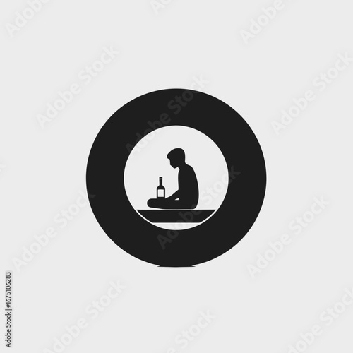 Lonely drinker in circle with alcohol bottle, sad concept silhouette