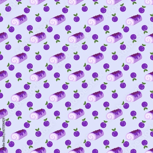 Seamless Blueberry Cake Roll and Blueberry Fruit Pattern Background for Fabric Wallpaper and Wrapping Paper