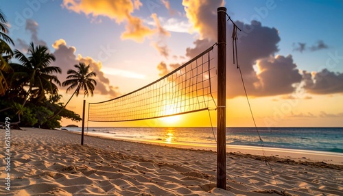 Silhouette of a beach volleyball net against a stunning and colorful tropical sunset over the ocean