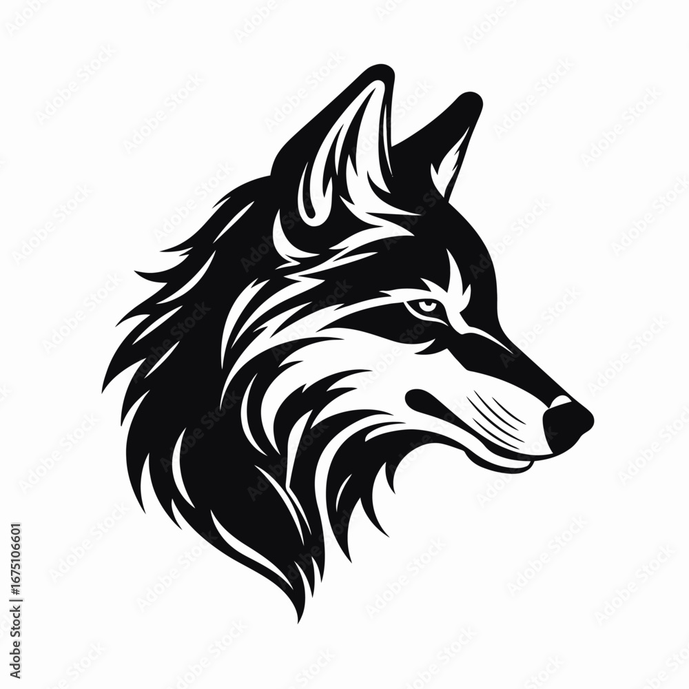 Fototapeta premium Bold wolf head illustration, minimalist black and white vector graphic silhouette