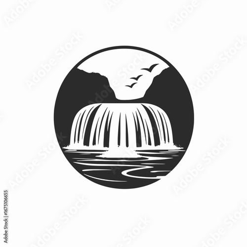 Majestic waterfall with birds in circular frame dramatic outdoor nature landscape silhouette