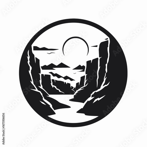 Majestic mountain river gorge scenic landscape vector black and white sunset silhouette