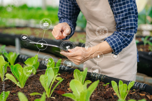 Farmers using digital technology and data analytics in greenhouses to optimize crop growth, showcasing innovation, sustainability, and precision agriculture.