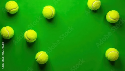 Overhead shot of tennis balls scattered on green surface, top view, summer, recreation