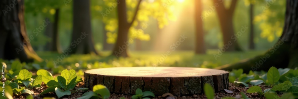 Fototapeta premium Polished wood podium on tree trunk, sunbeams in forest setting , wood, shine