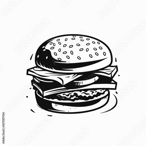 Delectable black and white burger layers sketch, a culinary artistic silhouette
