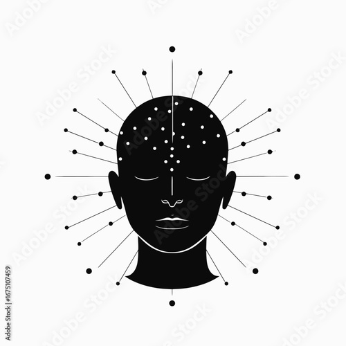 Contemplative portrait with radiating points and calm expression, a graphic silhouette