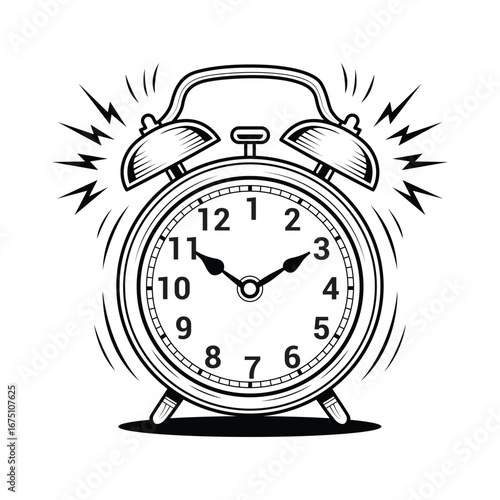 Ringing alarm clock illustration in black and white for wake up time and deadlines concept with classic design