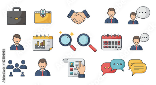 Vector icons set representing recruitment, hiring, and business management topics