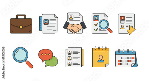 Job search and recruitment process vector illustration with business briefcase
