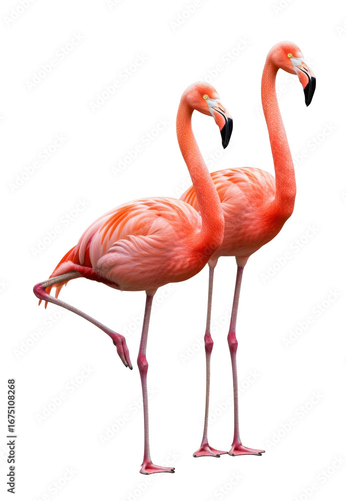 Fototapeta premium Two Pink Flamingos Standing Elegantly on One Leg png cutout transparent background