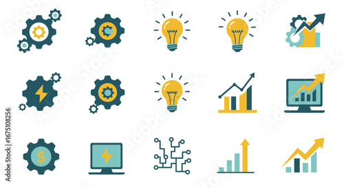 Creative vector icons representing business, technology, and innovation concepts