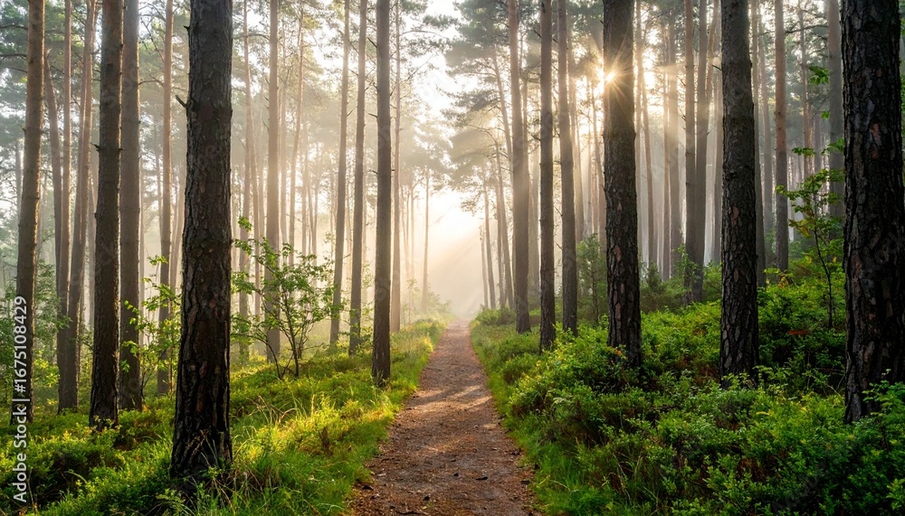 Obraz premium A tranquil dirt path winding through a misty pine forest with golden sunlight streaming through the trees at dawn