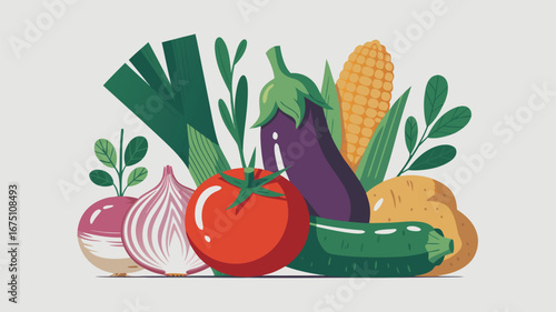 A vibrant arrangement of garden vegetables featuring tomatoes, corn, potatoes, and other fresh produce, creating a colorful and appealing still life