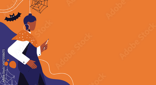 A confident woman in professional attire, holding a pen, amidst Halloween decorations on an orange background, perfect for seasonal promotions or creative business concepts.