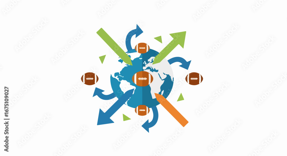 Naklejka premium Vector illustration representing the global expansion and international popularity of American football with a world map and arrows