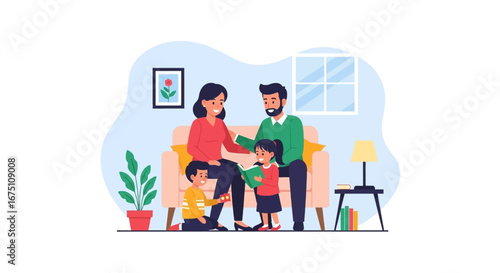 Happy family spending quality time together at home. Parents read a story to their children, fostering learning and connection in a cozy living room.