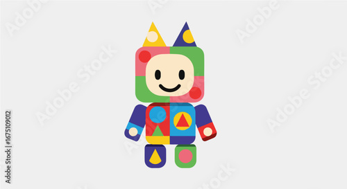 Vector illustration of a cheerful toy figure assembled from basic geometric forms, symbolizing playful learning and development