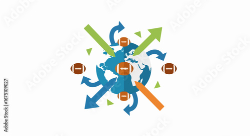Vector illustration representing the global expansion and international popularity of American football with a world map and arrows