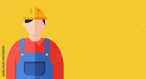 Flat design illustration of a construction worker in a hard hat and overalls on a yellow background, representing labor, industry, and essential services.
