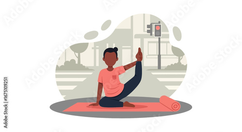 Person practicing a yoga pose on a mat in an urban setting, promoting city wellness, balance, and a healthy lifestyle.