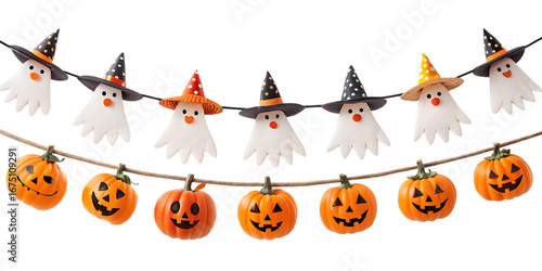Halloween Garland with Ghosts, Pumpkins, and Witch Hats Isolated on Transparent Background