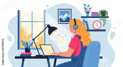 Young woman in headphones focused on remote work at her home office desk. Illustrates productivity, online learning, or modern freelance lifestyle.