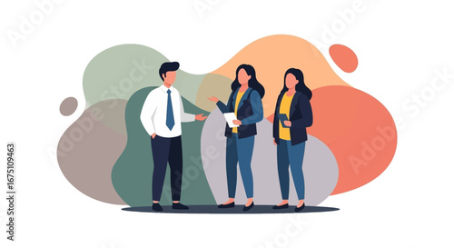 Three diverse business professionals engage in a collaborative discussion, ideal for corporate communication, teamwork, and business strategy concepts.