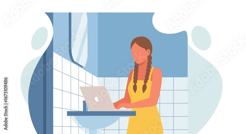 Young woman with braids works on laptop at bathroom sink. Represents remote work flexibility, home office, and busy modern lifestyle.