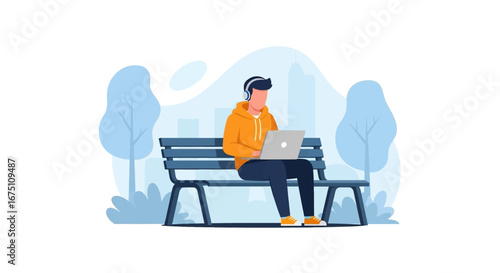 Young man with headphones working on laptop on a park bench, representing remote work, digital nomad lifestyle, and urban connectivity.