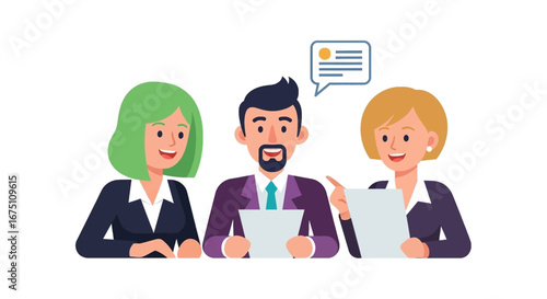 Three diverse business professionals smiling, collaborating, and communicating during a meeting with documents. Ideal for corporate discussions, teamwork, or financial planning concepts.