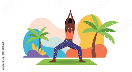 African American woman practices yoga in a tropical setting, promoting health, wellness, and a relaxed, active lifestyle. Ideal for fitness, travel, and self-care content.