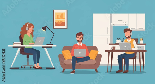 Diverse people happily work remotely from their comfortable home settings using laptops, ideal for business, online learning, or digital lifestyle concepts.