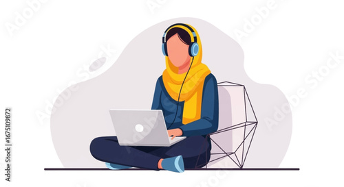 Focused woman in hijab and headphones using laptop, embodying remote work, online learning, and modern digital lifestyle. Ideal for business or educational content.