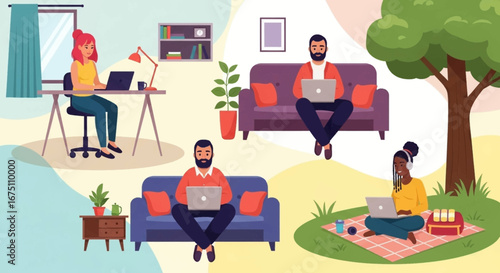 People working remotely from diverse locations: a home office, living room, and outdoors. Depicts modern flexible work-life balance and digital nomad lifestyle.