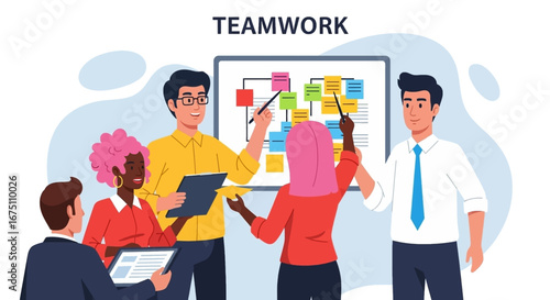 Diverse business team collaborating on a project, brainstorming ideas on a whiteboard with sticky notes. Illustrates partnership, innovation, and successful strategy.