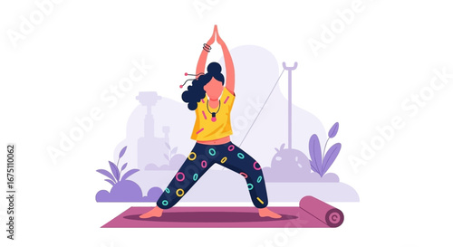 Young woman practices yoga on a mat, demonstrating a peaceful and balanced warrior pose for wellness, fitness, and mindful living. Ideal for health and lifestyle content.