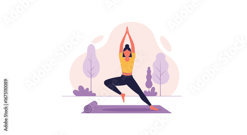 Woman practicing yoga outdoors on a mat, demonstrating balance and mindfulness. Ideal for health, wellness, and active lifestyle content.