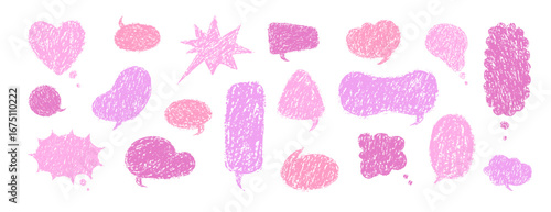 Speech Bubble collection with crayon texture. Vector pink chat balloons for comics or retro designs. Pencil Chalk Texture Message clouds.