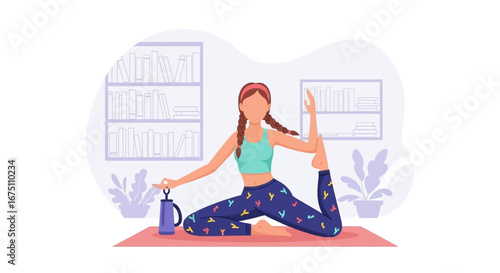 Young woman practicing yoga indoors, performing a mindful stretch on a mat. Represents wellness, healthy lifestyle, and home fitness.