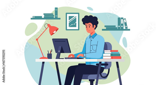 Smiling man working diligently on his computer at a modern home office desk, surrounded by books and office supplies. Represents productivity, remote work, education, and career success.