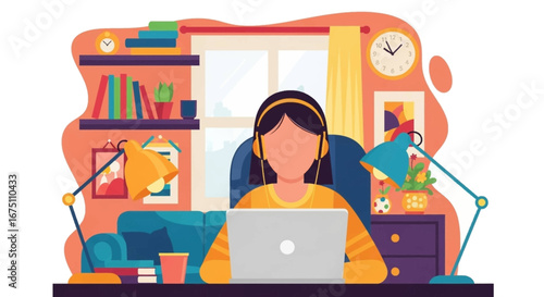 Person with headphones working on laptop in a comfortable home office setting, illustrating remote work, online learning, and modern lifestyle productivity.