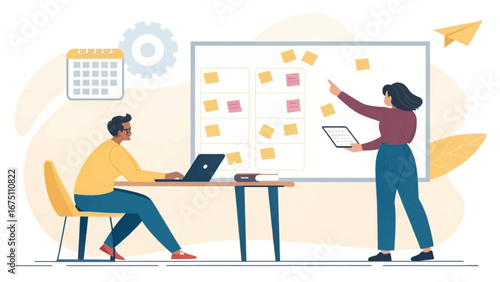 Professional team collaborating on a project, planning tasks with sticky notes on a whiteboard. Illustrates business strategy, agile development, and teamwork for productivity and innovation.