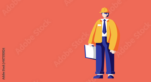 Illustrated professional in a hard hat and uniform holding a clipboard, representing concepts like construction, project management, or delivery services. Ideal for business and industry themes.