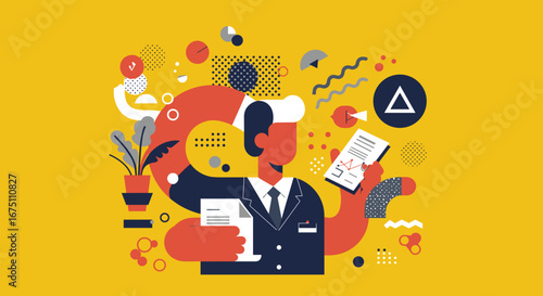 Business professional in suit analyzing financial reports and planning strategies, illustrating corporate management, growth, and analytics.