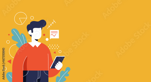 Professional illustration of a man using a tablet, surrounded by data visualization elements. Ideal for concepts of digital communication, business analytics, and technology.